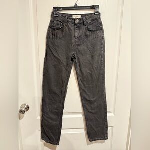 Black Straight Leg Jeans with Fringe Accents